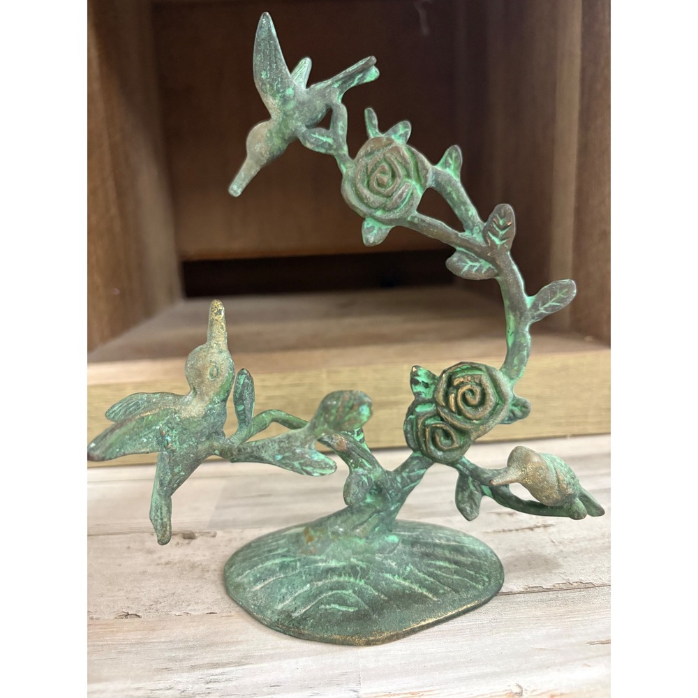 Vintage Bronze Hummingbird Rose Sculpture Verdigris Patina Metal Figurine 8in